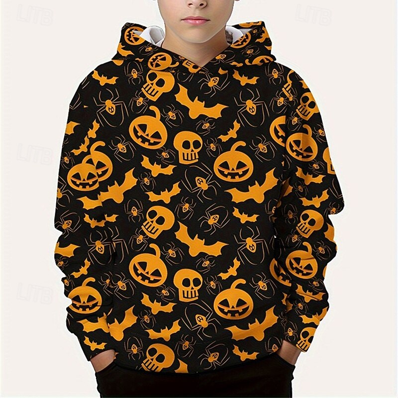 Halloween Boys 3D Graphic Skull Pumpkin Hoodie Long Sleeve Fall Winter Fashion Adorable Basic Polyester Kids 4-12 Years Hooded Outdoor Casual Daily Regular Fit