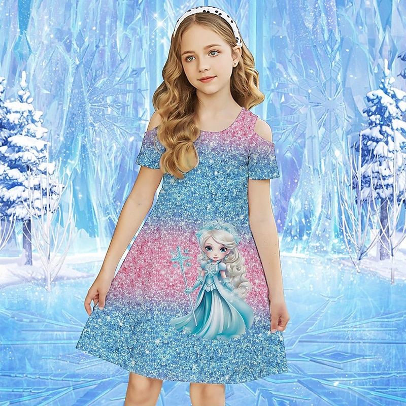 Girls' 3D Graphic Cartoon Snowflake Dress Short Sleeve Summer Spring Vacation Daily Holiday Beautiful Sweet Kids 4-12 Years Casual Dress Knee-length Regular Fit4