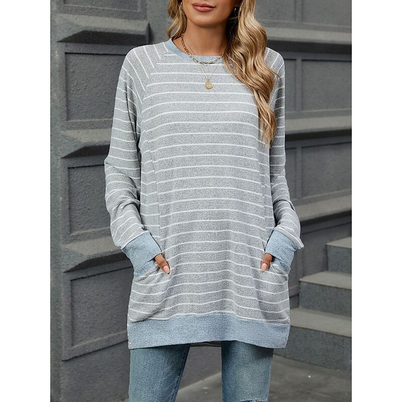 Women's T Shirt Fashion Modern Casual Long Sleeve Regular Tops Crew Neck Daily Weekend Gray / White Black Blue Light Grey Fall Winter