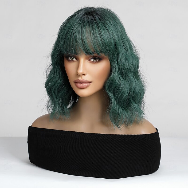Cosplay Costume Wig Bouncy Curl Bob Neat Bang With Bangs Wig 14 inch Black / Dark Green Synthetic Hair Women's Elastic Adorable Comfortable Green3