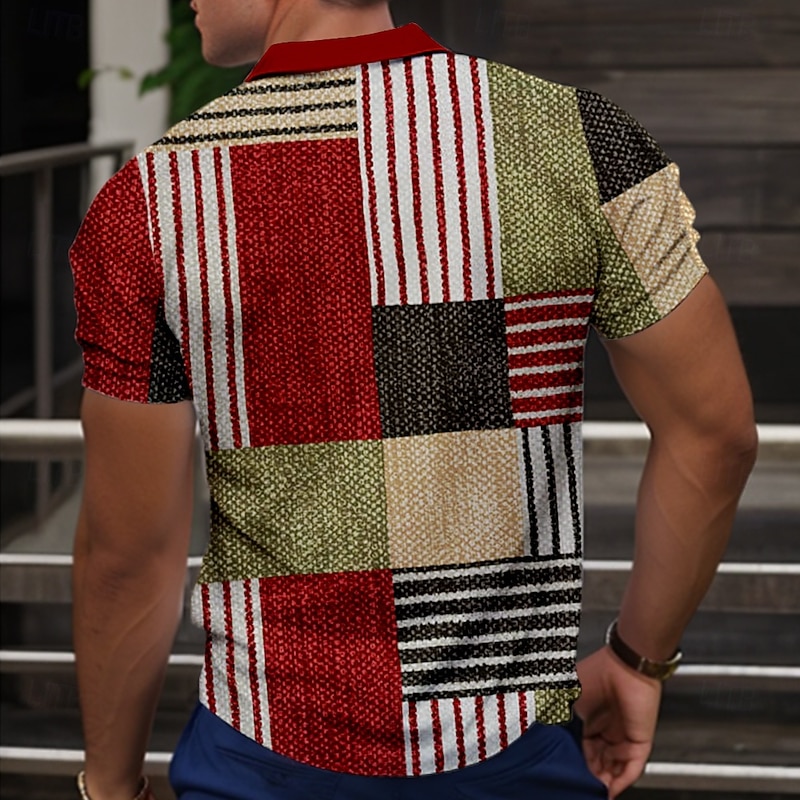 Men's Plaid Golf Shirt Short Sleeve Polo Shirts Collared Shirts Vintage Casual Vacation Wear Formal Wear Festival Wear Buttons 3D Print Summer Red Blue Green2