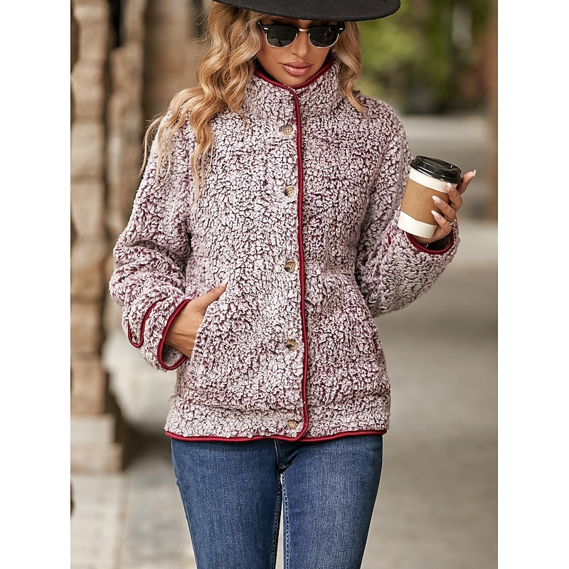 Women's Teddy Coat Warm Buttons Pocket Fashion Daily Modern Solid Color Work Casual Single Breasted Regular Turndown Regular Fit Long Sleeve Outerwear Red Gray Fall Winter3