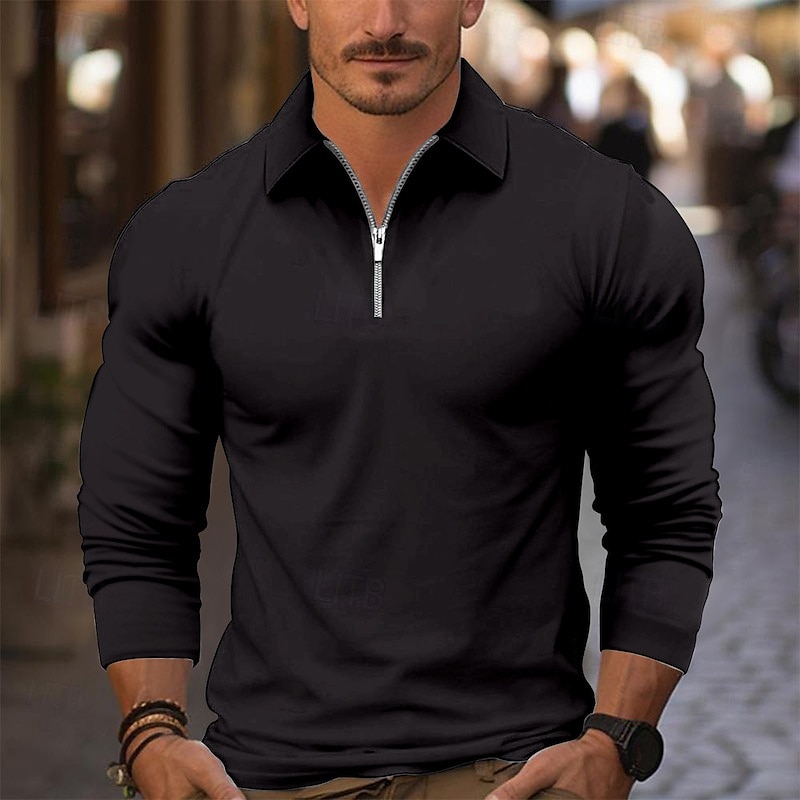 Men's Zip Polo Golf Shirt Work Casual Lapel Long Sleeve Basic Modern Plain Zipper Spring &  Fall Regular Fit Wine Black White Navy Blue Blue Gray Zip Polo2