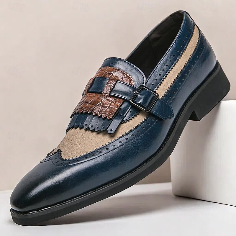 Men's Retro Faux Leather Loafers - Classic Brogue Design with Buckle and Fringe Detail, Versatile and Stylish Footwear