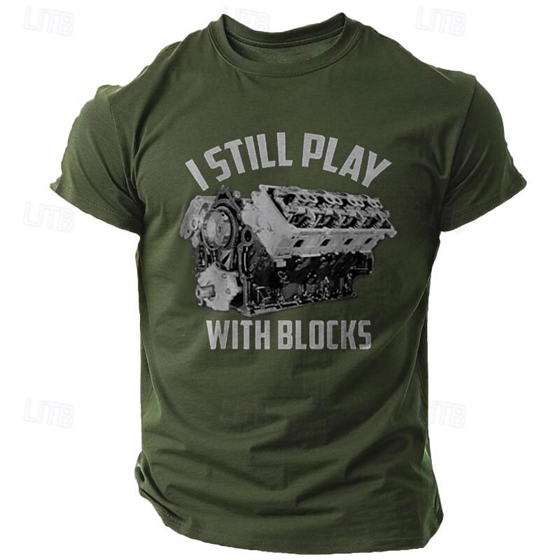 Men's "I Still Play With Blocks" Funny Engine Mechanic Graphic T-Shirt - Car Guy Hobby Apparel2