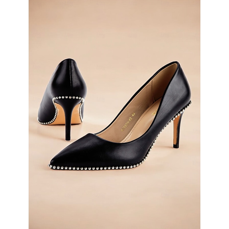 Women's Black Leather Stiletto Heels - Elegant Pointed-Toe Pumps with Pearl Trim for Weddings and Formal Occasions