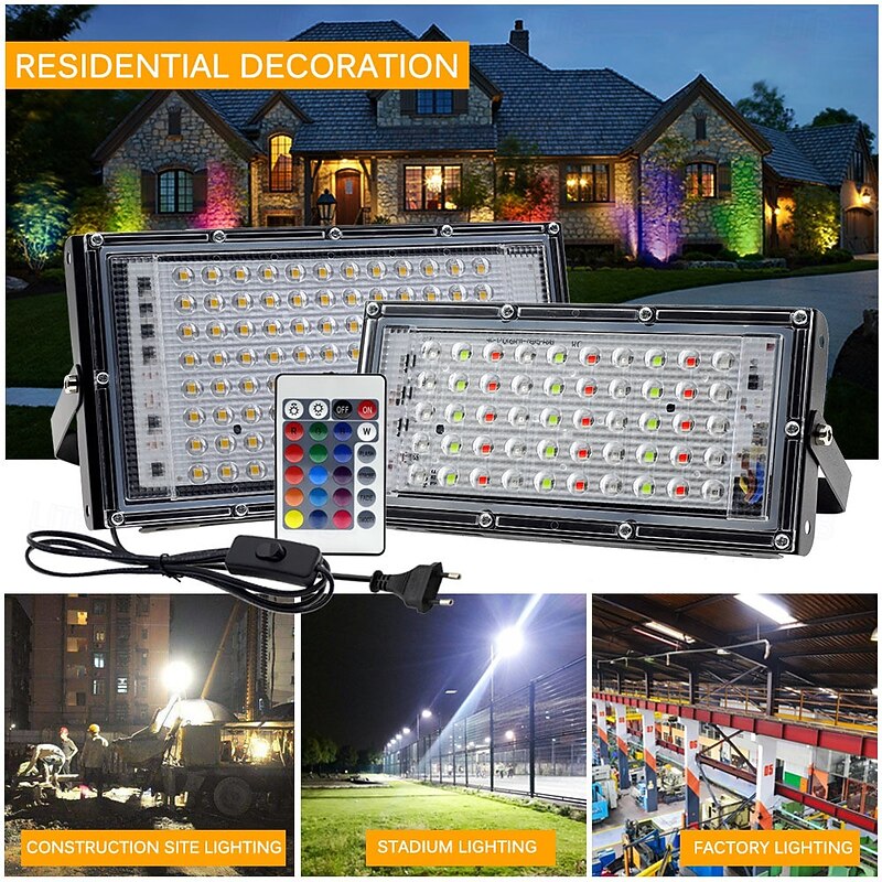 RGB LED Flood Light Waterproof IP65 AC 220V Spotlight Outdoor Garden Lighting Led Reflector Cast Light Floodlights 1/2pcs4