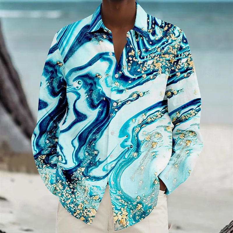 Men's Beach Shirt Button Up Shirt Long Sleeve Hawaiian Vacation Daily Fall Winter Spring & Summer Collared Shirts 3D Print Blue Brown4