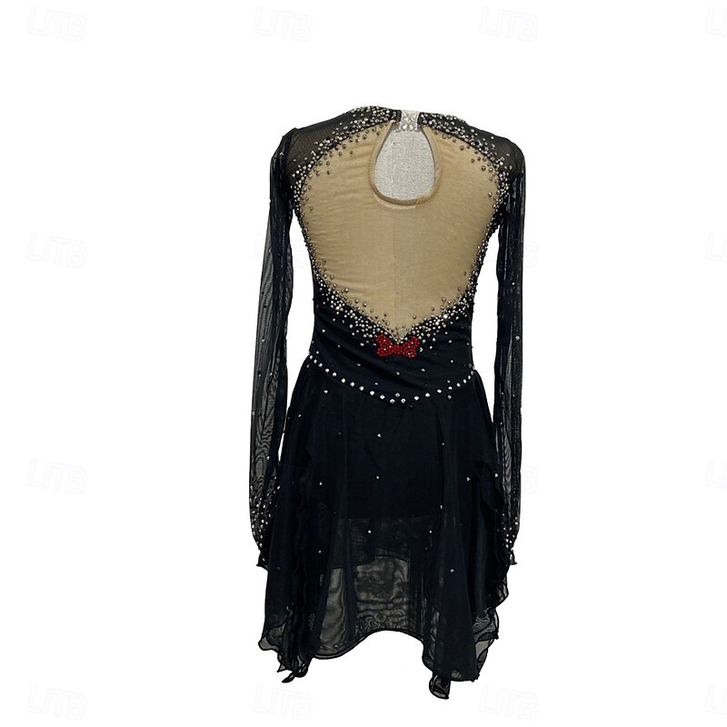 Figure Skating Dress Women's Girls' Ice Skating Dress Black Patchwork Thumbhole Stretchy Training Practice Professional Skating Wear Crystal / Rhinestone Long Sleeve Ice Skating Figure Skating2