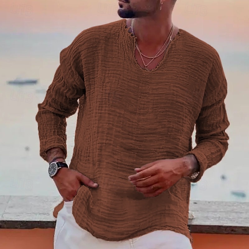 Men's Linen Shirt Summer Shirt Beach Wear Casual Shirt Solid Color Outdoor Street Wine Light Grey Gray Long Sleeve V Neck Spring &  Fall Clothing Apparel3