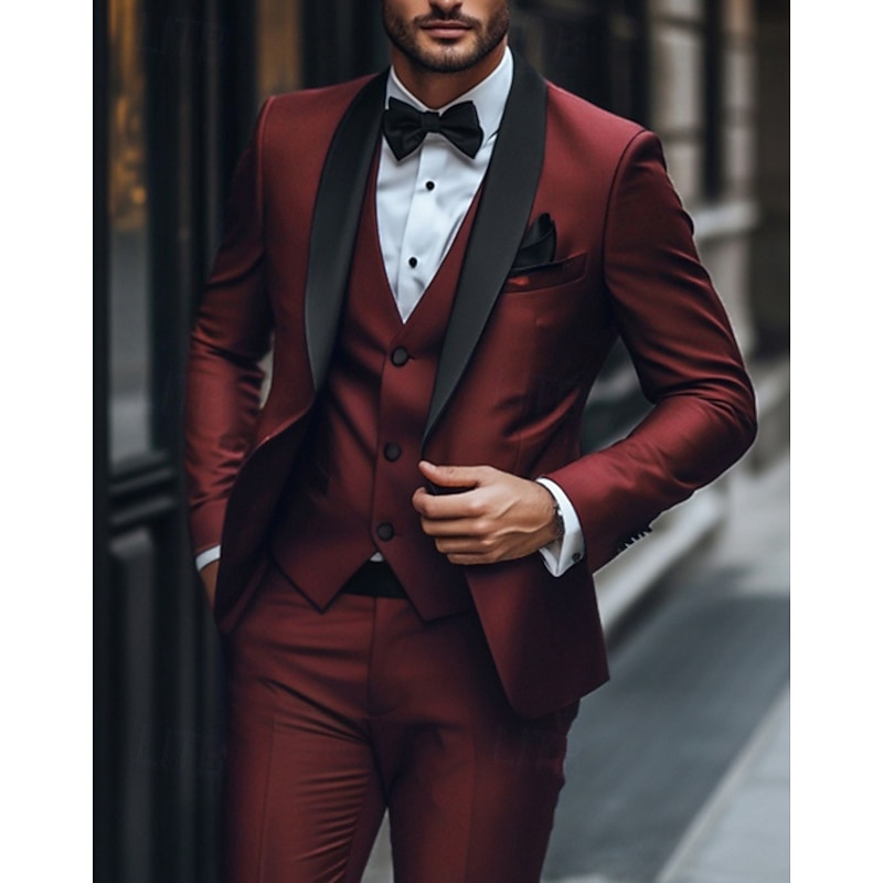 Men's Wedding Christmas Suits Burgundy Blue Daily Party Solid Colored Tailored Fit 3 Piece Single Breasted One-button2