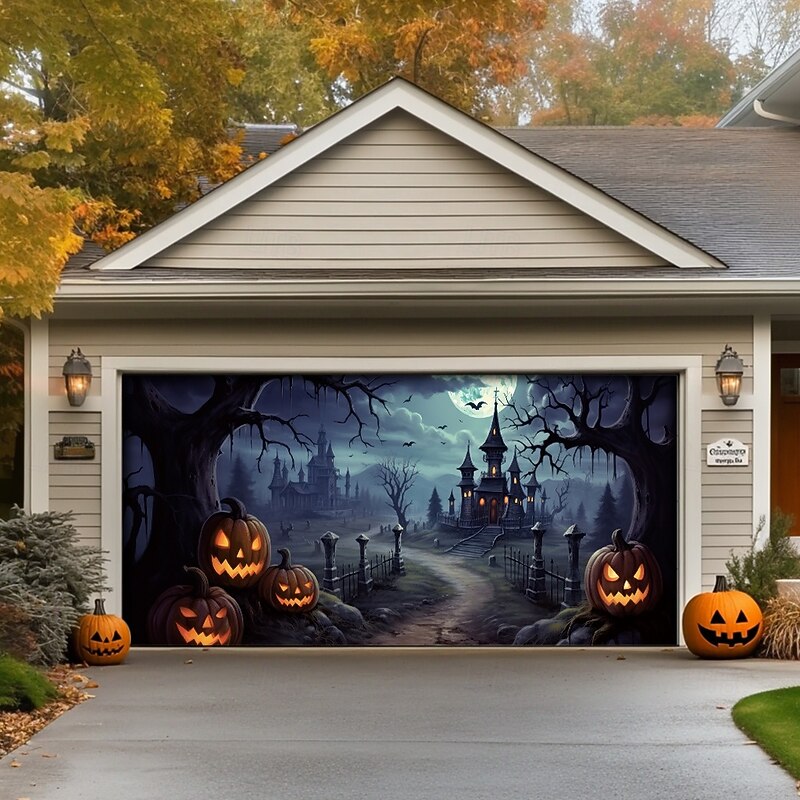 Halloween Door Decorations Outdoor Halloween Garage Door Cover Jack O Lantern Pumpkins Castle Banner Scary Forest Large Backdrop Decoration for Holiday Outdoor Garage Door Home Wall Decorations