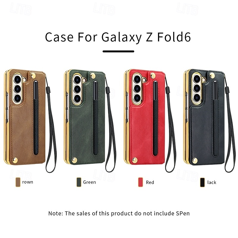 Phone Case For Samsung Galaxy Z Fold 6 Z Fold 5 Z Fold 4 Back Cover with Stand Holder with Screen Protector with Wrist Strap Retro TPU PU Leather2