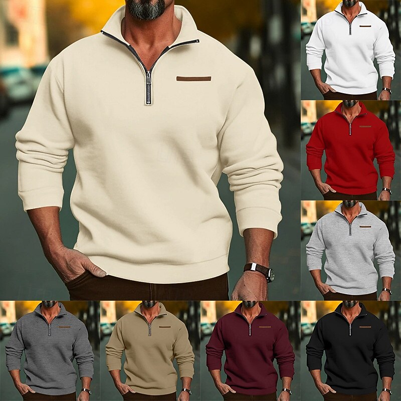 Men's Sweatshirt Polar Fleece Quarter Zip Sweatshirt Apricot Black White Wine Red Half Zip Plain Sports & Outdoor Daily Holiday Polyester Streetwear Basic Casual Fall & Winter Clothing Apparel Hoodies