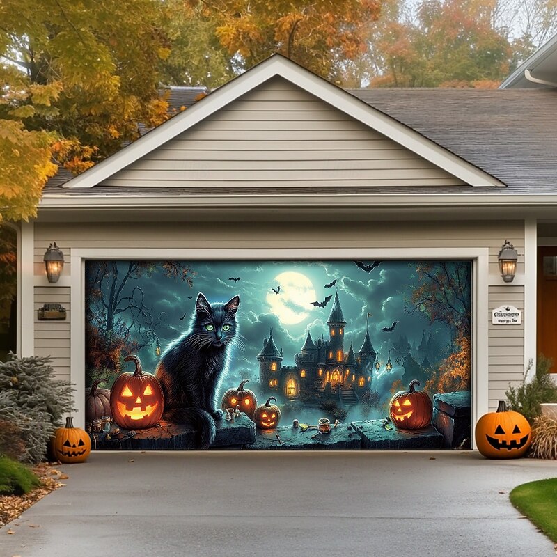 Halloween Door Decorations Outdoor Halloween Garage Door Cover Jack O Lantern Banner Pumpkin Skeleton Cat Large Backdrop Decoration for Holiday Outdoor Garage Door Home Wall Decorations