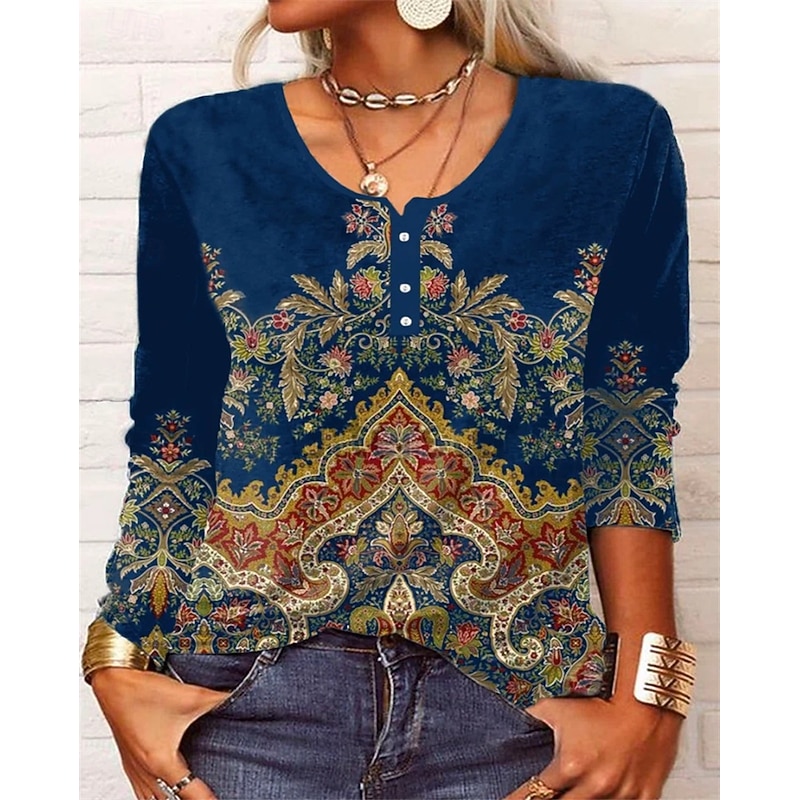 Women's T Shirt Floral Fashion Long Sleeve Round Neck Regular Tops Daily Weekend Buttons Print Black Wine Blue Green Spring &  Fall3