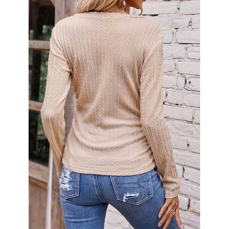 Women's T Shirt Casual Long Sleeve Regular Tops V Neck Daily Pink Green Khaki Light Grey Spring Fall2