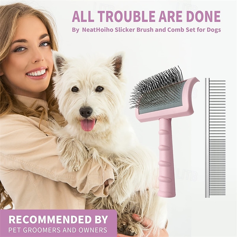 Large Firm Slicker Brush & Pet Comb Value KitExtra Long Pin Slicker Brush for Dogs GoldendoodlesLarge Dog Pet Grooming Wire Brush and DesheddingRemoves Long and loose Hair & Undercoat4
