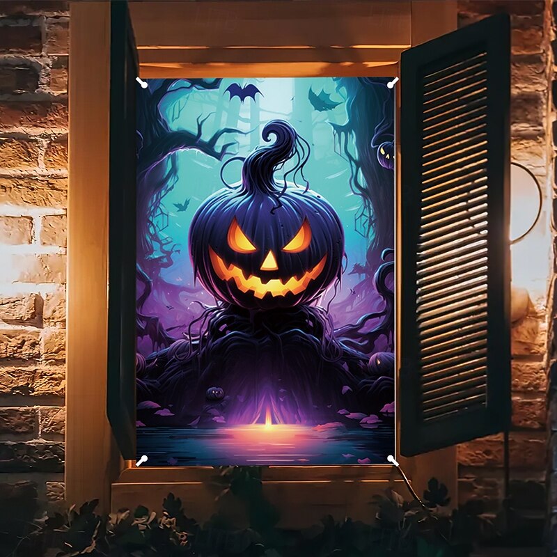 Halloween Window Cover Decorations, Fabric Purple Pumpkin Halloween Curtain Horror Movie Poster Window Door Covering Decor for Haunted House, Scary Halloween Window Clings Decals Indoor Outdoor2