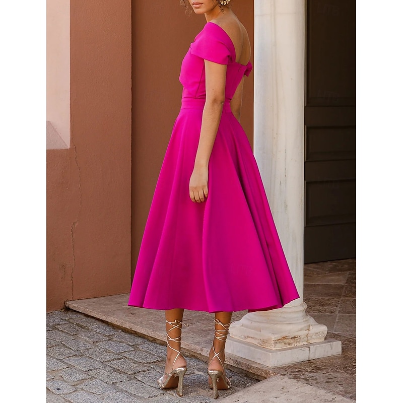 A-Line Cocktail Dresses Elegant Dress Tea Length Sleeveless Off Shoulder Fall Wedding Guest Stretch Fabric with Ruched Dresses3