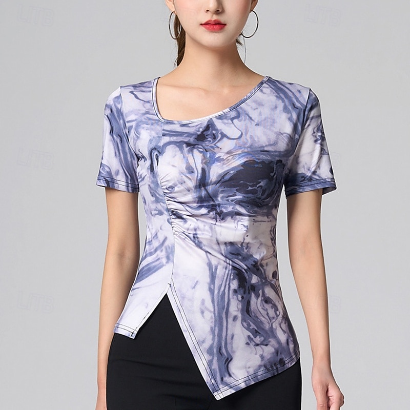 Latin Dance Top Printing Splicing Women's Performance Training Short Sleeve High Polyester3