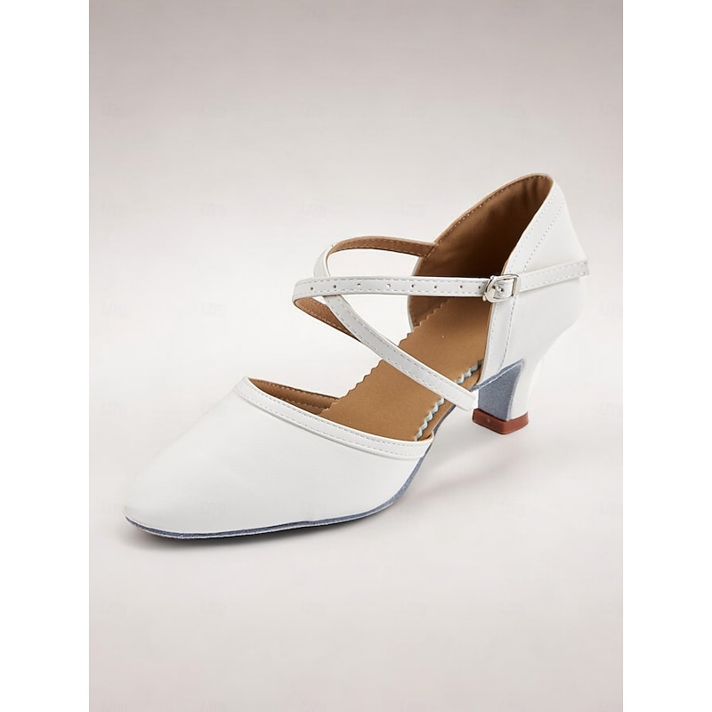 White Faux Leather Dance Shoes with Cross Strap and Buckle – Women's Ballroom and Latin Dance Heels3