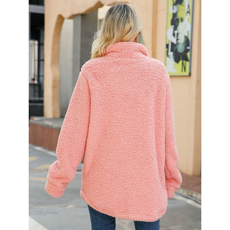 Women's Fleece Jacket Teddy Coat Warm Pocket Modern Plain Work Single Breasted Turndown Regular Fit Long Sleeve Outerwear Black White Pink Fall Winter2
