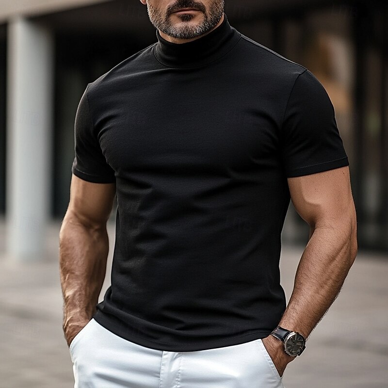 Men's T Shirt Mock Turtleneck Short Sleeve Stand Collar Summer Spring Fall & Winter Solid Color Plain Fashion Casual Comfortable Soft Vacation Street Casual Black White Top Tee for Men