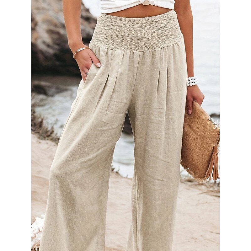 Women's Cotton Linen Shorts Linen-Inspired Pants Cotton Linen Pants Comfort Full Length Solid Color Plain Pocket Elastic Waist Causal rice white Black Summer Spring Fall3