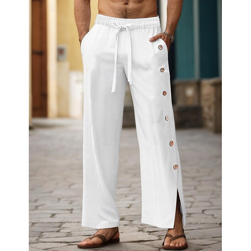 40% Linen Men's Linen Pants Trousers Summer Pants Drawstring Elastic Waist Side Button Plain Comfortable Breathable Vacation Office / Career Daily Classic Casual Black White