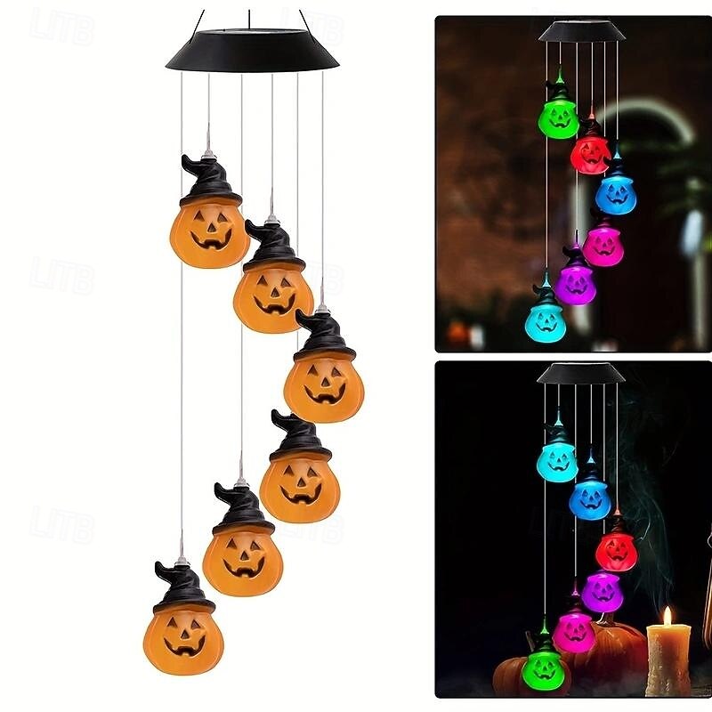 1pc Solar Outdoor Halloween Black Hat Pumpkin Wind Chime Lights, Solar Power Supply Discoloration Garden Theme Party Haunted Party Garden Courtyard Outdoor Bar Halloween Decorations3