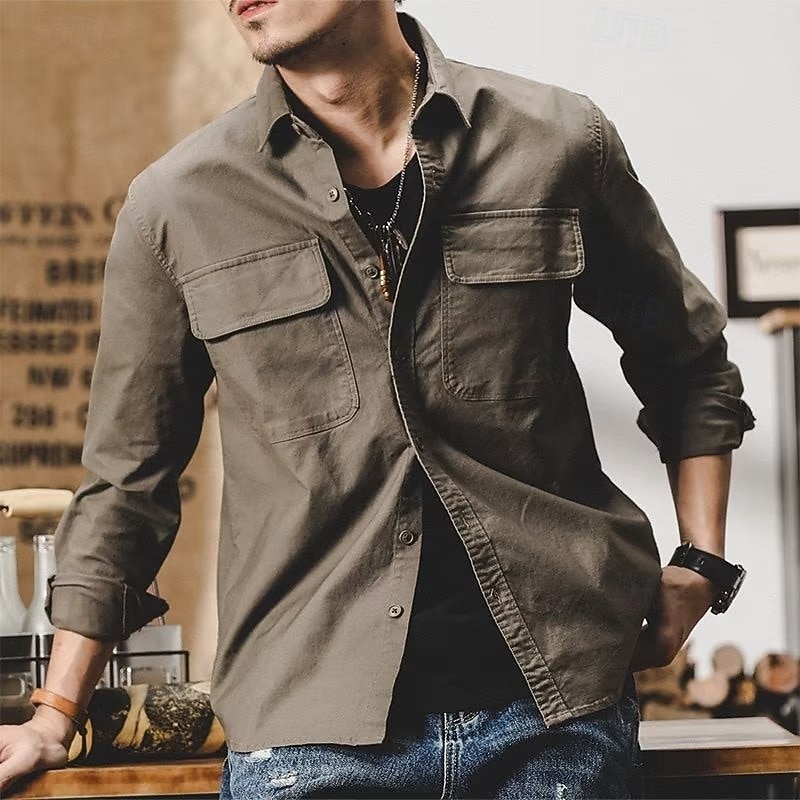 Men's Shirt Workwear Shirts Work Shirt Button Up Shirt Cargo Shirt Green khaki Long Sleeve Plain Lapel Vacation Holiday Front Pocket Clothing Apparel Fashion Casual Comfortable