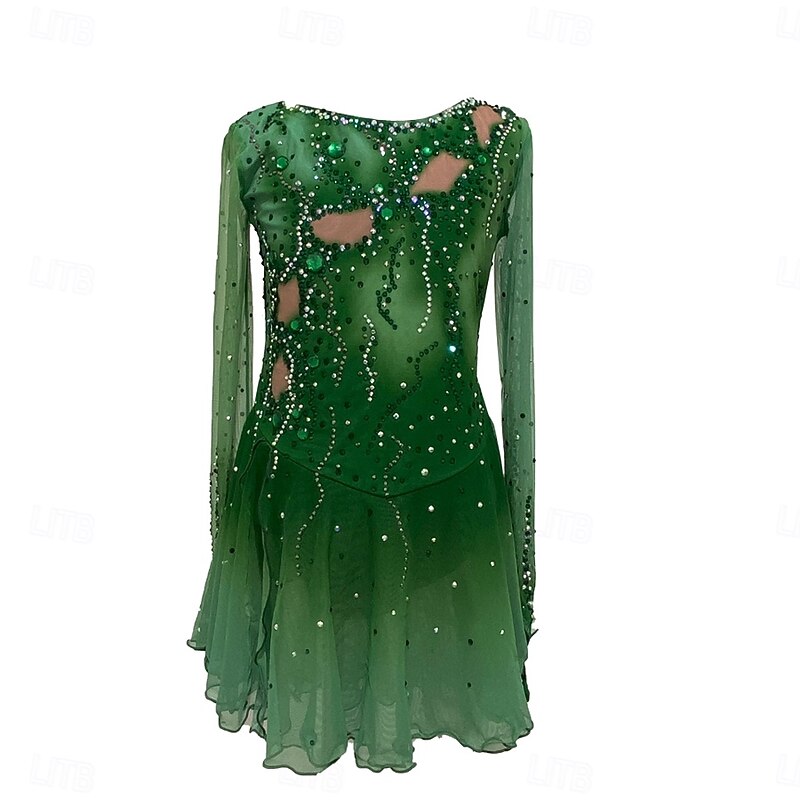 Figure Skating Dress Women's Girls' Ice Skating Dress Mineral Green Patchwork Thumbhole Stretchy Training Practice Professional Skating Wear Crystal / Rhinestone Long Sleeve Ice Skating Figure Skating