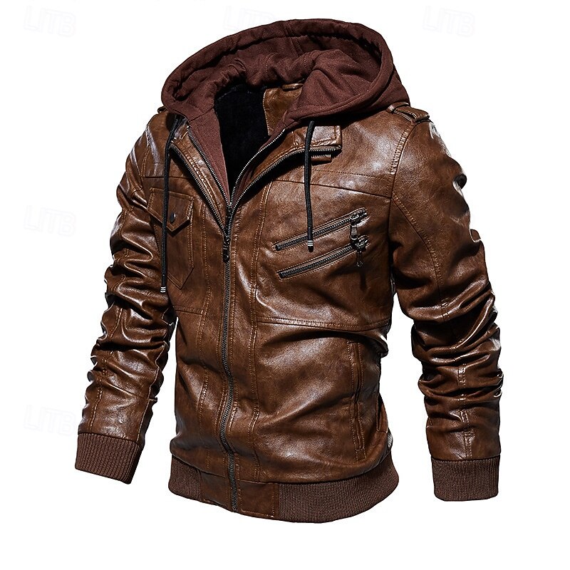 Men's Faux Leather Jacket Biker Jacket Red Leather Jacket Daily Vacation Windproof Warm Splice Fall & Winter Plain Fashion Classic Hooded Regular Faux Leather Black Wine Khaki Dark Gray Coffee Jacket3