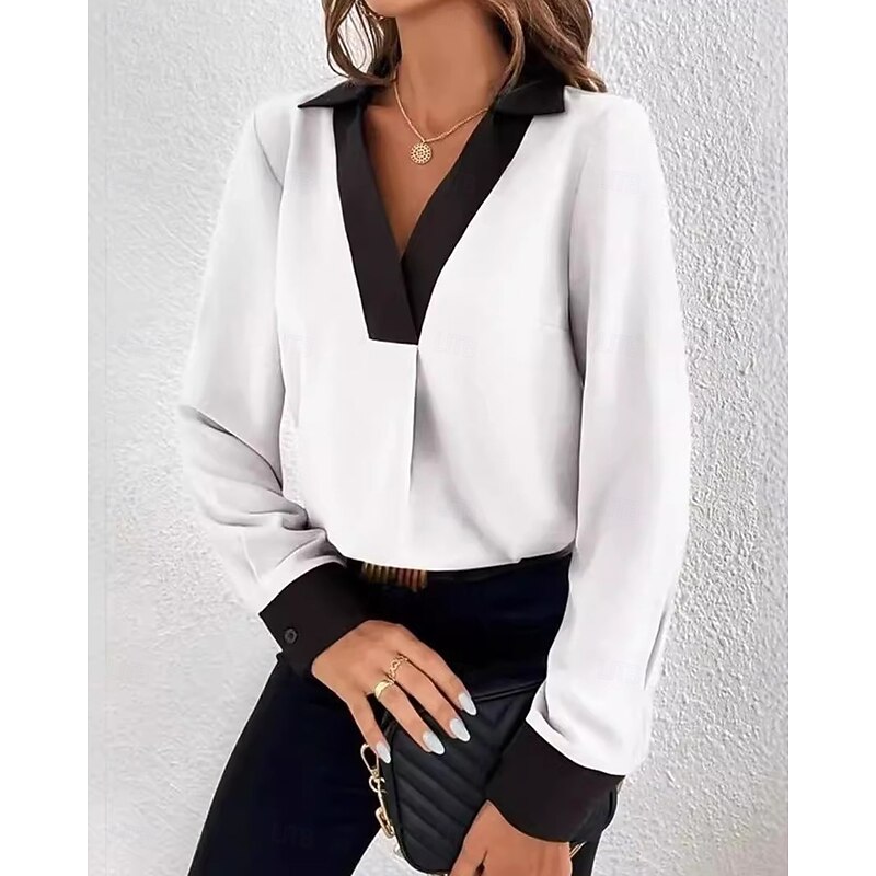 Women's Shirt Modern Long Sleeve Regular Tops Shirt Collar Work Black White Green Khaki Spring Fall Winter