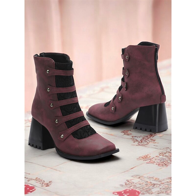 Vintage-Inspired Burgundy Strappy Boots with Chunky Heel and Lace Detail for Women, Ideal for Evening Events and Stylish Outings