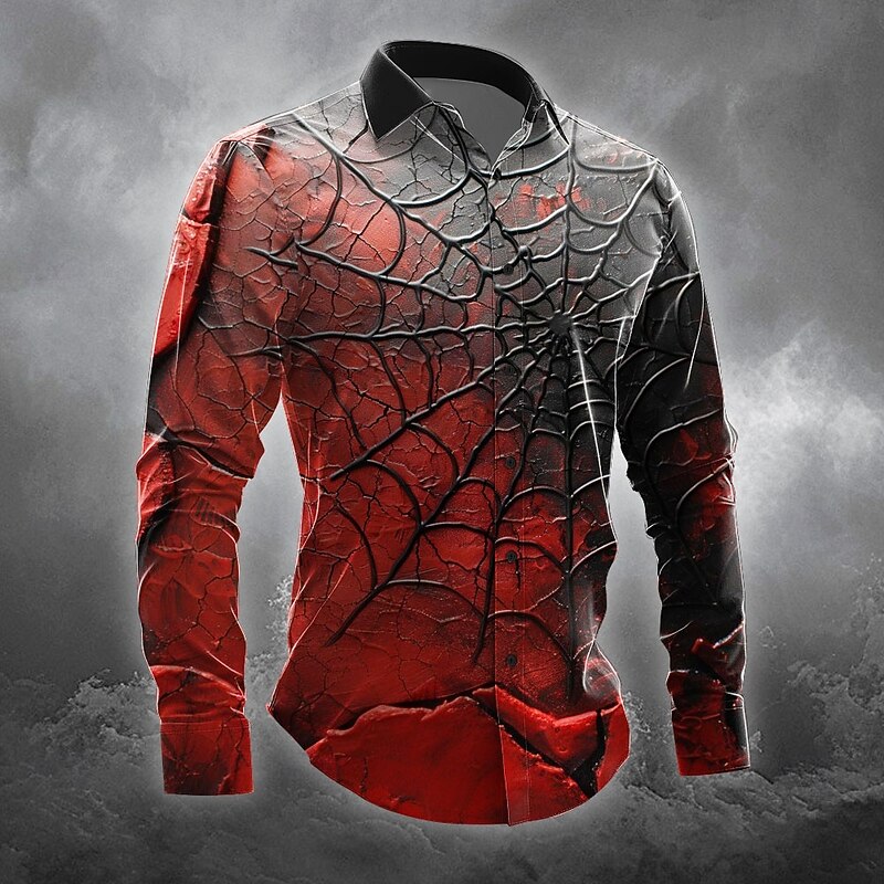 Halloween Men's Spider Halloween Costumes Button Up Shirt Long Sleeve Horror Party Evening Wear Fall Winter Spring & Summer Shirt Collar 3D Print Red