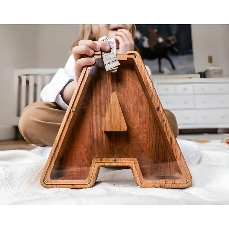 Wooden Letter Piggy Bank 26 Alphabets Wooden Coin Piggy Bank Christmas Birthday Toy Gift Home Decoration for Kids 6