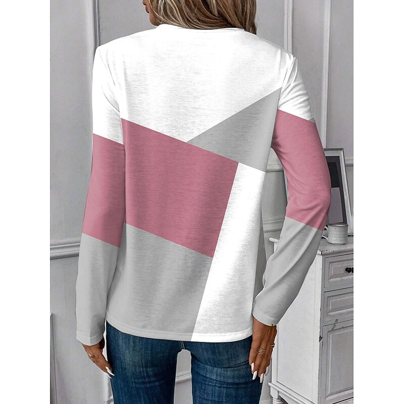 Women's T shirt Long Sleeve Crew Neck Long Sleeve Tunic Casual Color Block Print Regular Tops Daily Pink Spring Fall Prefall2