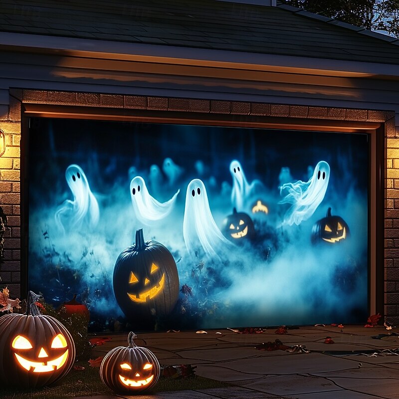 Halloween Door Decorations Outdoor Halloween Garage Door Cover Ghosts Banner Pumpkin Skeleton Outside Large Backdrop Decoration for Holiday Outdoor Garage Door Home Wall Decorations 9