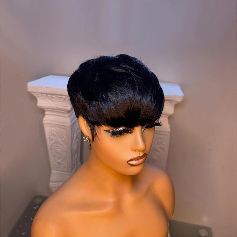 Short Bob Wig Human Hair for Black Women Pixie Cut wigs Human Hair Wig Glueless Wig None Lace Front Wig with Bangs Natural Black Straight Full Machine Made Wig2