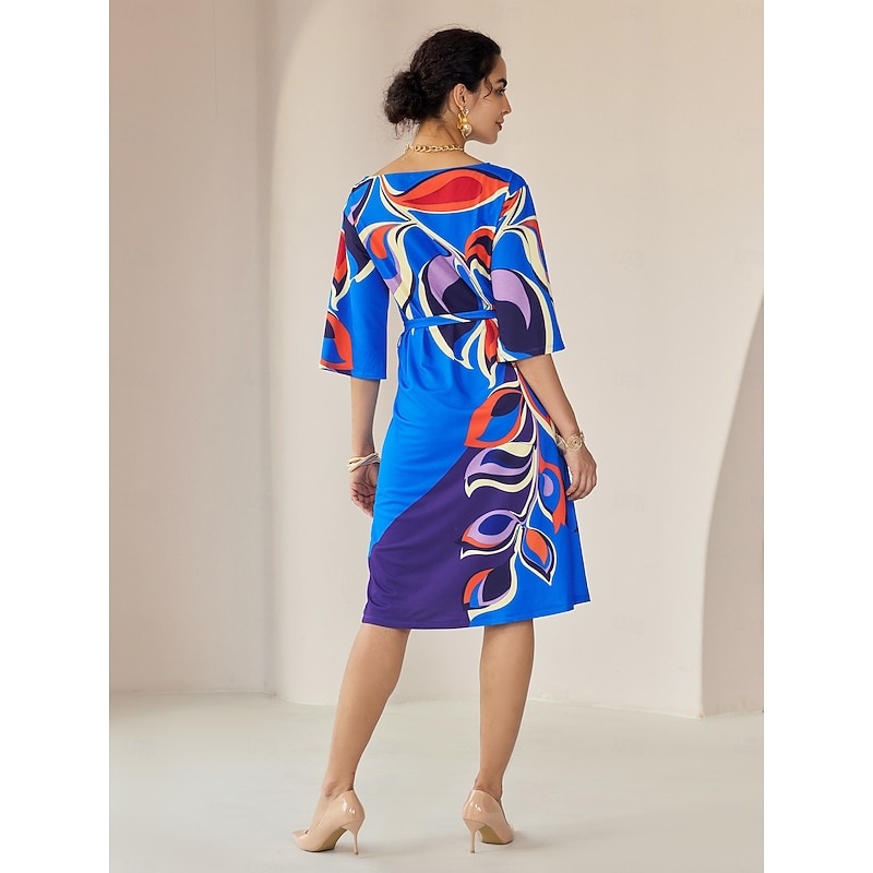 Loose Floral Printing Fall Crew Neck Daily Casual Knee Length Dress2