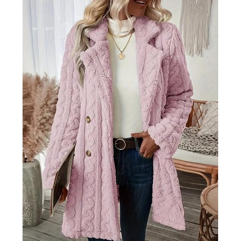 Women's Coat Outdoor Street Daily Wear Fall Winter Regular Coat Regular Fit Thermal Warm Breathable Stylish Casual Jacket Long Sleeve Solid Color with Pockets White Pink