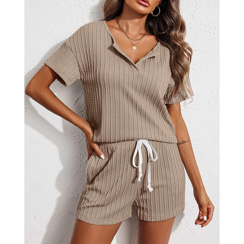 Women's Pajama Set Pure Color Casual Comfort Home Daily Spandex Comfort V Wire Short Sleeve Pant Elastic Waist Summer Home Outfits