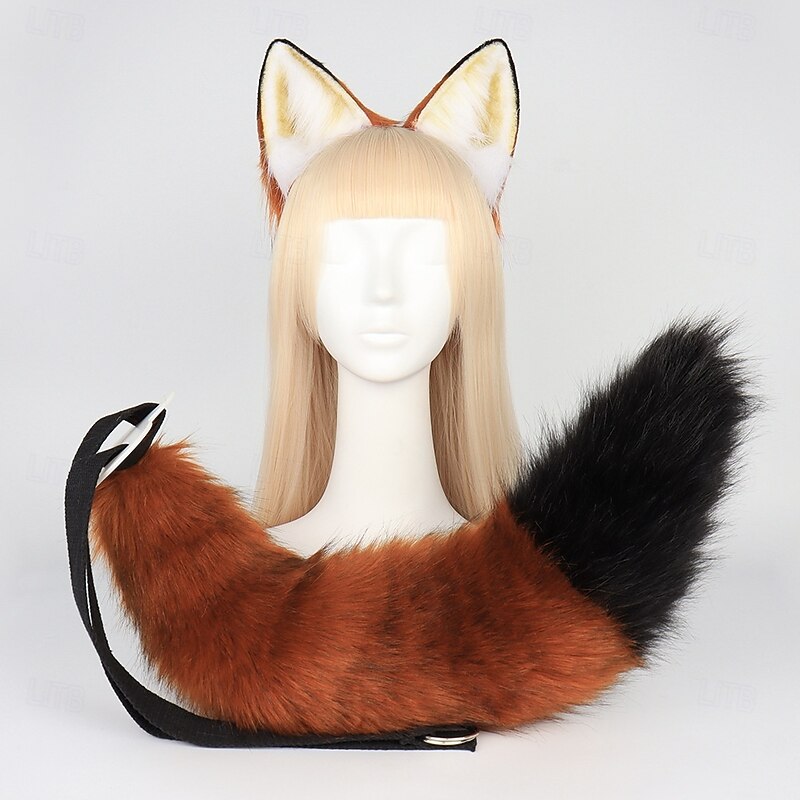 Animal Cosplay Costumes Faux Fur Cat Fox Wolf Furry Tail and Ears Headband for Carnival Party Costume Accessories2