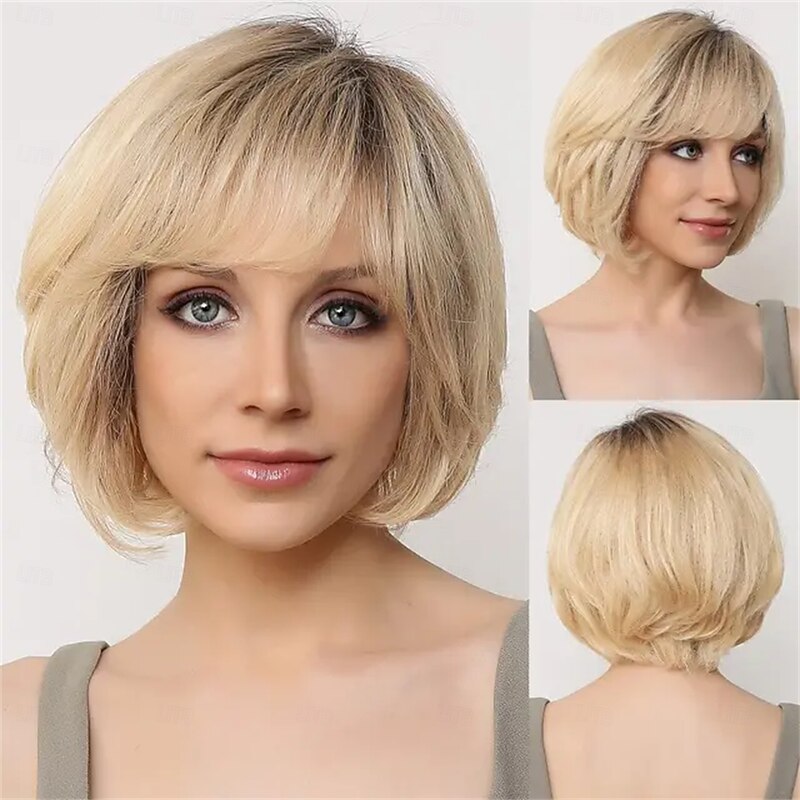 Human Hair Blend Wig Short Natural Straight Pixie Cut Side Part Layered Haircut Asymmetrical Brown Cosplay Curler & straightener Natural Hairline Capless Brazilian Hair Women's All Black / Blonde 14