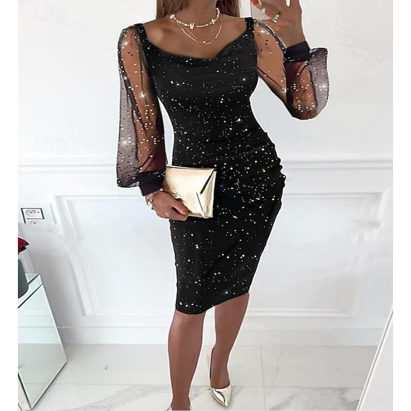 Women's Midi Dress Black Dress Sequin Dress Cocktail Dress Formal Dress Casual Street Date Regular Fit Plain Long Sleeve U Neck Black Spring Fall