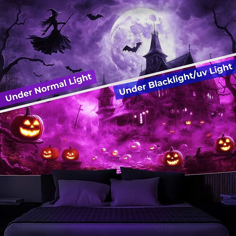 Halloween Decorations Blacklight Tapestry UV Reactive Glow in the Dark Glow Party Haunted House Psychedelic Trippy Misty Hanging Tapestry Wall Art Mural for Living Room Bedroom Witch Pumpkin3