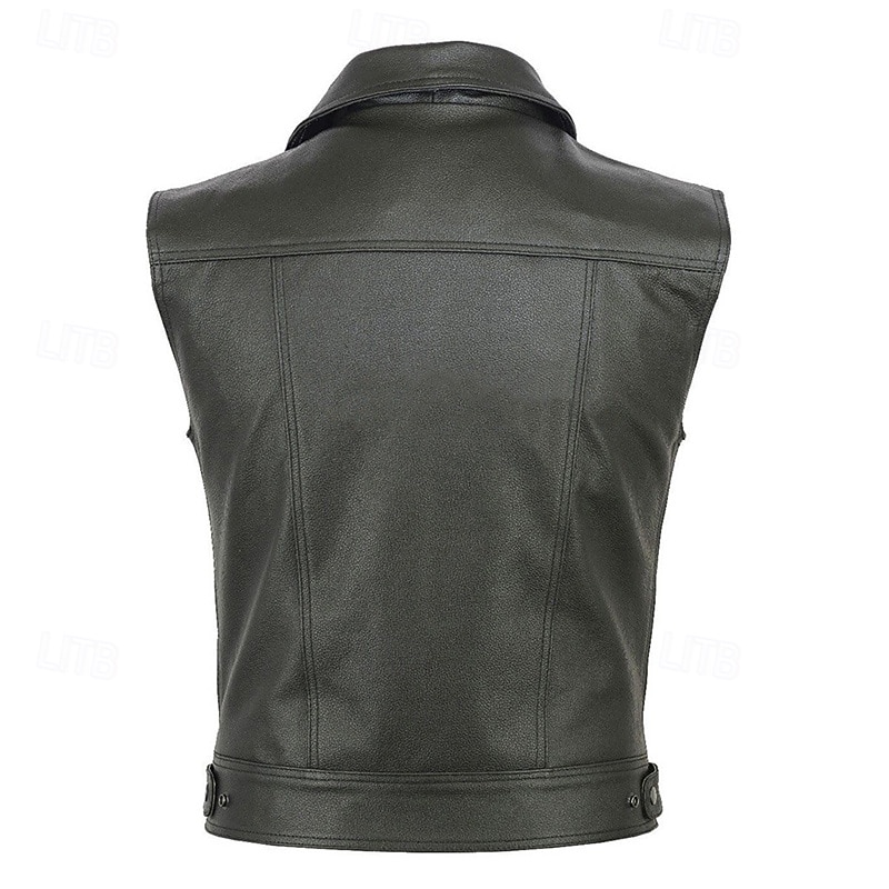 Men's Vest Gilet Daily Vacation Fashion Business Spring &  Fall Pocket Polyester Leather Comfortable Solid Color Zipper Lapel Regular Fit Black Vest3