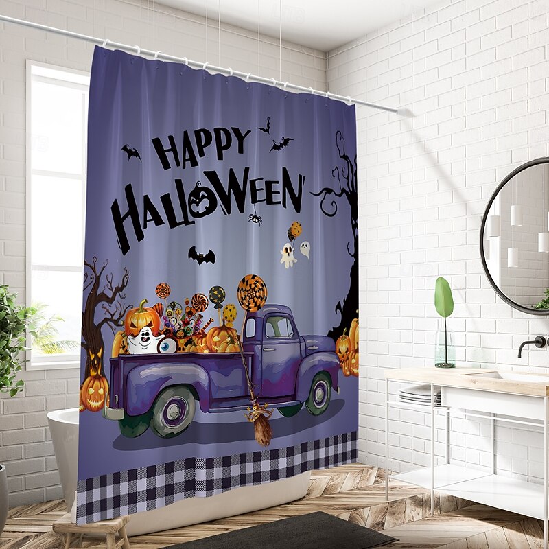 Halloween Pumpkin Candy Shower Curtain Modern Machine Washable Waterproof Polyester Fabric Used for Bathroom Decoration Bathtub with 12 Hooks4
